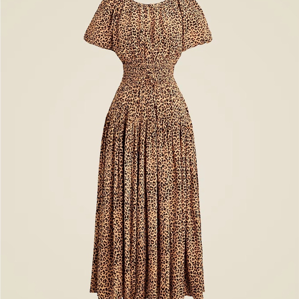 J Crew Elena Puff Sleeve Dress in Leopard Crepe de Chine